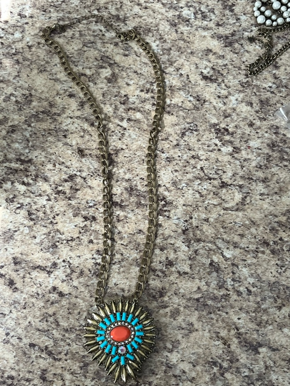 Premier Designs Gold-Tone Necklace with Turquoise & Coral Sunburst Pendant
